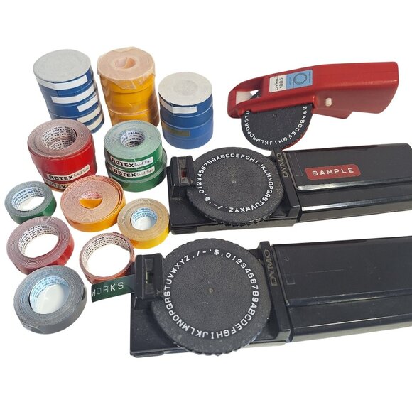 Vintage Dymo & Rotex 1/2" Label Makers With Assorted Color Tapes Lot Red Blue +
